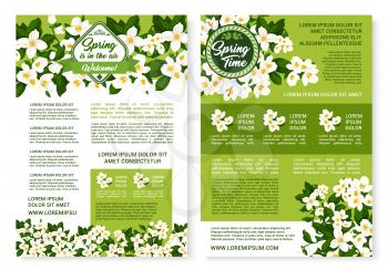 Spring is in the air quote and springtime blooming flowers for vector greeting design. Blossoming flourish nature and floral wreath of white jasmine, lily or crocuses bunches on green grass meadow