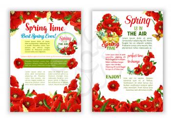 Spring flowers vector posters of floral wreath and flourish bunches for greeting design. Blooming red poppy flowers, daisy or orchid blossoms, crocuses and butterflies for springtime holidays