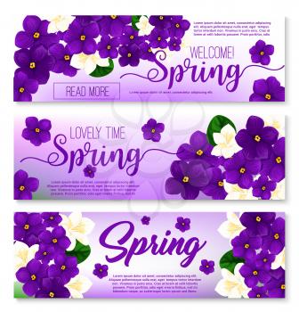 Welcome spring floral banner set. Spring flower bouquet of violet and crocus with green leaves cartoon poster for springtime holidays invitation or greeting card design