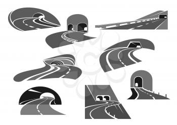 Road tunnel isolated icon set. Mountain road, winding highway and freeway leading to entrance of tunnel. Transportation service, road building, travel themes design