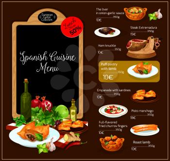 Spanish restaurant vector menu. Spain traditional cuisine price cover design of soups, meat hot dishes, vegetable salads and appetizer snacks and sweet desserts. Mediterranean food meal lunch discount
