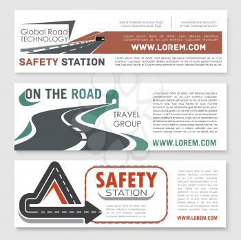 Road safety and highway construction technology vector banners set for global motorway building or investment company. Design of transport bridges and tunnels in drives and road traffic lanes