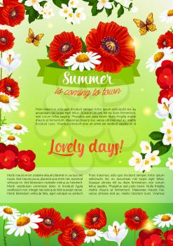 Summer time greeting poster with lovely quote and flowers bouquet. Vector design of flourish daisy and poppy in bloom, crocuses flowers bunch and butterflies on summer meadow grass