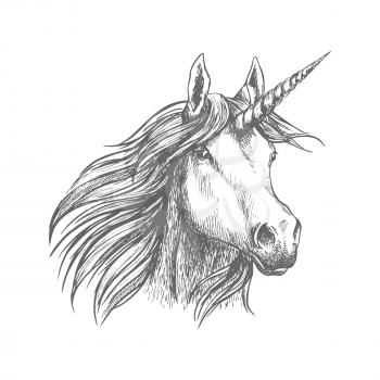 Unicorn sign. Mythical horse head with horn. Vector sketch simbol for sport, heraldic tattoo
