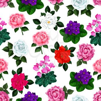 Spring flowers pattern of floral bouquets. Seamless vector design of roses, viola blossoms and flourish begonia petals or garden crocuses and irises. for springtime desing or interior tile
