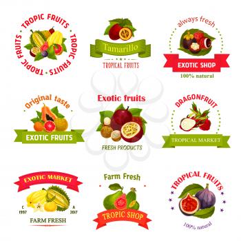 Exotic fruits icons for farm store or market. Vector isolated symbols of papaya and tropical yuzu apple or mango, feijoa or lychee and passion fruit maracuya, durian or rambutan and mangosteen