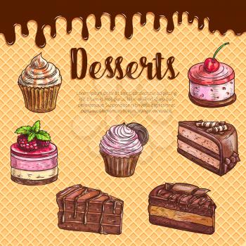 Cake dessert menu poster with waffle texture and flowing chocolate on background. Chocolate cake, cupcake, muffin, brownie and fruit dessert with cream swirls, cherry, cookie. Bakery and pastry design