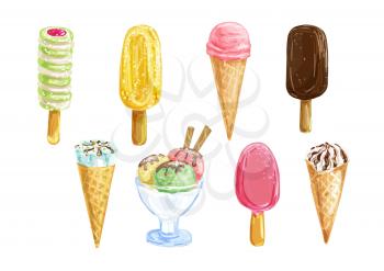 Ice cream set with watercolor drawing of cold summer dessert. Vanilla, chocolate and strawberry ice cream cone, sundae ice cream scoop, fruit popsicle and soft serve gelato for cafe menu design