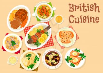 British cuisine tasty dishes icon of roast beef, trout baked in bacon, scottish soup with lamb, fish in cream sauce, potato fish salad, deep fried egg, fruit bread, soup with prune