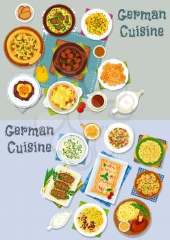 German cuisine lunch icon set. Vegetable meat stew with beer, vegetable sausage casserole, bacon cheese pie, fish and noodle soup, meat roll, cheese fruit and sauerkraut salad, cherry strudel, cookie