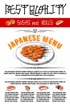 Japanese sushi and rolls menu template. Vector design for seafood restaurant of tempura shrimps or grill prawns, salmon and tuna sashimi with ginger and wasabi, chopsticks and soy sauce for sushi bar