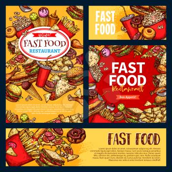 Fast food templates set of fastfood banners and posters for restaurant menu. Vector burger and sandwich, ice cream and donut dessert, popcorn and french fries or cheeseburger, pizza and hot dog snacks