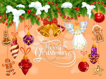 Merry Christmas wish lettering for greeting card of New Year angel and decorations ornaments. Vector Christmas tree decorations on fir branch in snow on pink background for New Year season