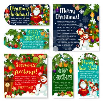 Winter holidays greetings of Christmas and New Year gift tag. Xmas tree and holly garland with bell, ball and snowflake, Santa and snowman with present, ribbon, candy and cookie for Xmas season design
