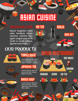 Japanese sushi restaurant menu of asian cuisine template. Seafood sushi roll, sticky rice with salmon fish, tuna and shrimp sashimi, noodle ramen soup banner with soy sauce, chopsticks and green tea