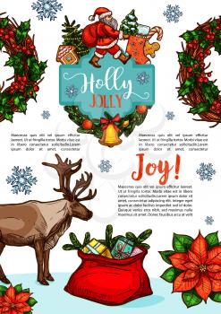 Merry Christmas sketch design for seasonal greeting card or winter holiday wish. Vector Santa present gift bag and reindeer, New Year decoration holly wreath garland of golden bell on Christmas tree