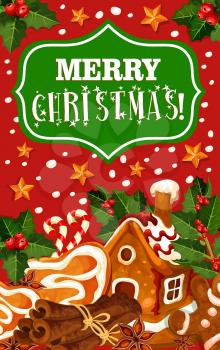 Christmas cookie and New Year holiday dessert greeting card design. Gingerbread biscuit in shape of house, man, heart and bow, decorated with holly berry, star, snowflake and candy for Xmas design