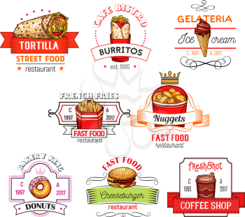 Fast food restaurant icons templates. Vector set for tortilla taco or burrito, ice cream dessert or donut, chicken nuggets or french fries and cheeseburger or hamburger, soda and coffee drink