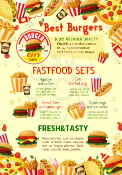 Fast food restaurant menu poster template. Vector combo sets for burger or soda and fries, hotdog or pizza and ice cream desserts, hot dog sandwiches or snacks and coffee drink with tacos and burrito