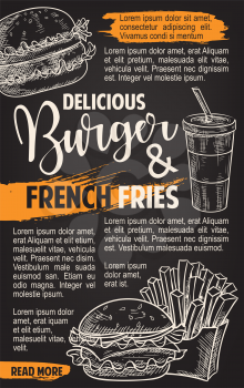 Burger and fries menu fast food sketch poster template for restaurant or cinema bistro. Vector fastfood cheeseburger or hamburger and fried potato combo with soda or coffee drink