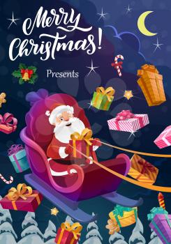 Christmas sleigh with Santa and Xmas gifts, vector design of winter holidays greeting card. Presents and Claus bag in sledge with ribbon bows, bell and candy canes flying in festive night sky