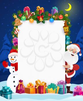 Santa, snowman and Christmas gifts with blank sign board vector design. Xmas and New Year winter holiday greeting card with copy space, decorated by presents, balls and bell, candies, stars and cookie