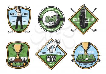 Golf sporting heraldic icons and signs with crossed sticks and ball, trophy cup and player. Royal game and sport items symbols. Professional supreme league badges for tournament or competition vector