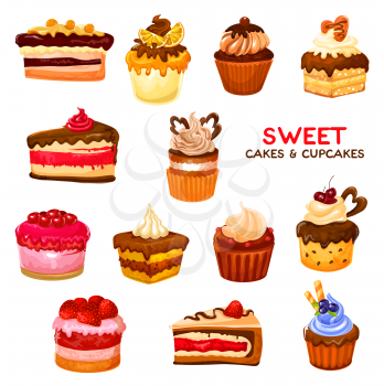 Cake and confectionery dessert icons and signs. Chocolate cupcake or muffin, cheesecake with fruits, topping or cream, berry and vanilla icing. Bakery shop or cafe menu pastry dishes and meals vector