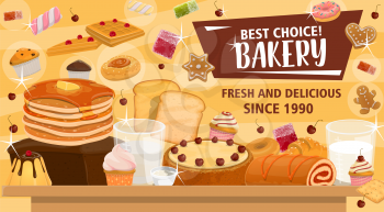 Bakery and sweet shop, confectionery icons poster. Cake and cupcake, pancakes and waffle, bread and muffin, cookie and roll with jam, marshmallow and donut, marmalade and gingerbread vector sweets