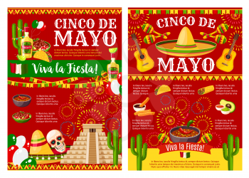 Cinco de Mayo Viva la Fiesta banner template for mexican holiday party. Festive sombrero, maracas and chili pepper, tequila, guitar and cactus poster design with Mexico flag and firework on background