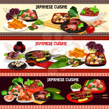 Japanese meat dishes of asian cuisine. Sushi rolls with wasabi and soy sauce, pork stew and fried chicken with vegetables, dumpling soup, beef roll and fried sweet potato with meatballs vector banners