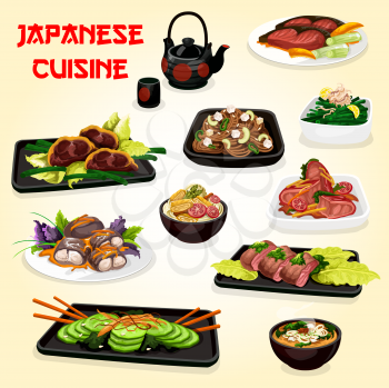 Japanese cuisine noodle dishes with meat, fish and vegetables. Vector salmon steak, perch and pork, served with mushroom soup, egg rolls and cucumber salad, stewed beans, ginger, sesame and mustard