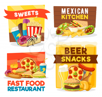 Fast food icons of Mexican cuisine, pizzeria or beer bar and sweet desserts. Vector burrito burger, pizza or hot dog and fries with donuts and chicken grill for menu