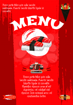 Sushi poster template for Japanese food restaurant or bar menu. Vector red Japan design of sushi rolls with salmon and eel, unagi maki and fish sashimi in nori seaweed and chopsticks in steamed rice