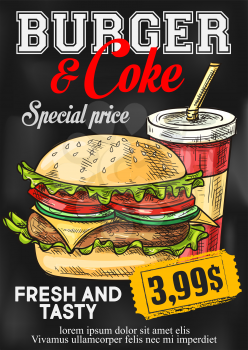 Fast food burger and coke price card or bistro menu. Vector sketch design of cheeseburger or hamburger and soda drink cup with drinking straw for cinema bar or fastfood cafe restaurant
