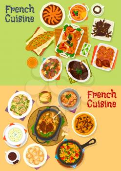 French cuisine dinner icon set. Vegetable meat stew, bread, seafood and potato cream soup, baked lamb, chicken and duck with veggies, chocolate cake, onion olive pie, apple tart, creme brulee dessert