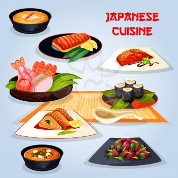 Japanese cuisine popular dishes icon. Fried fish with vegetable, sushi roll and sashimi, grilled salmon with teriyaki sauce, miso soup with shrimp, seafood corn soup, liver pepper stew, omelette roll