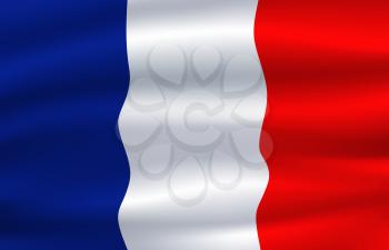 French tricolour waving in the wind. National symbol of France with vertical bands of blue, white and red colours for Europe country themes design