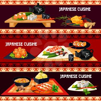 Japanese cuisine sushi bar banner set. Sushi platter of salmon fish roll, nigiri with rice, shrimp and tuna, fried seafood dumpling, pork noodle soup, tempura prawn, meat pie, green tea ice cream