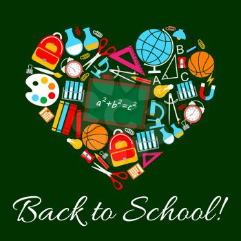 Back to School poster in heart shape. Vector design of school supplies chalkboard or blackboard and geography globe or biology microscope, geometry pencil and ruler or mathematics equation formula