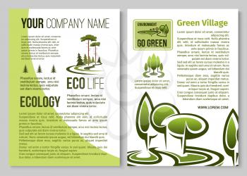 Ecology and environment protection information poster template. Green business and eco friendly lifestyle banner set with trees of city park and urban garden, text layout with pine tree icons