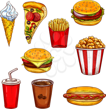 Fast food lunch sketch set with burger, drink and dessert. Hamburger, french fries, sweet soda, pizza, hot dog, cheeseburger, coffee, ice cream cone and popcorn for fast food restaurant themes design