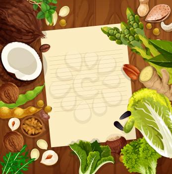 Blank paper on wooden background with nuts, salad vegetable and beans. Recipe, menu card with almond, peanut and basil, lettuce, walnut, hazelnut and pistachio, cashew, soy, coffee, green bean, ginger