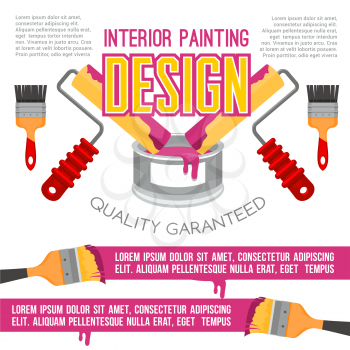 House repair and painting works poster. Painting tools banner with paint can, brush and roller for interior painting services or design studio advertising brochure design