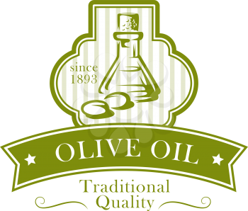 Olive oil product label with bottle and green olive fruit. Extra virgin oil jug and natural organic olives badge with ribbon banner and star for vegetarian food packaging, mediterranean cuisine design