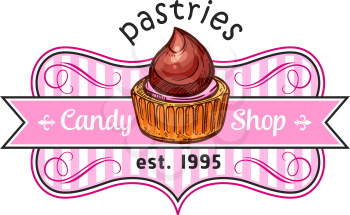 Cake dessert badge of pastry shop. Cupcake or muffin with chocolate cream and strawberry fruit glaze isolated symbol with ribbon banner for candy shop, bakery and cafe emblem, food packaging design