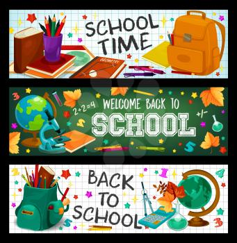 Welcome Back to School banners set of stationery and study supplies set. Vector design of school bag, geography globe, book or paint brush and calculator in maple leaf on green chalkboard background