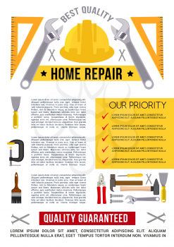 Home repair and construction work tools poster template. Vector toolbox for house finishing and renovation or plastering design of paint brush, hammer or screwdriver and wrench or trowel and plane