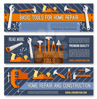 House repair banners of work tools for home renovation, carpentry or handy construction. Vector set of saw, wrench or screwdriver and plaster trowel spatula, woodwork plane gripe and vise or hammer