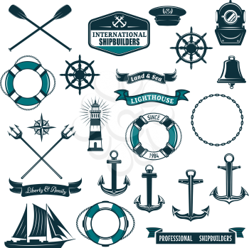 Marine navy and nautical heraldic icons set. Vector crossed paddles, ship anchor or helm and life buoy, trident and aqualung mask, boat bell or lighthouse and wind rose compass with frigate and ribbon